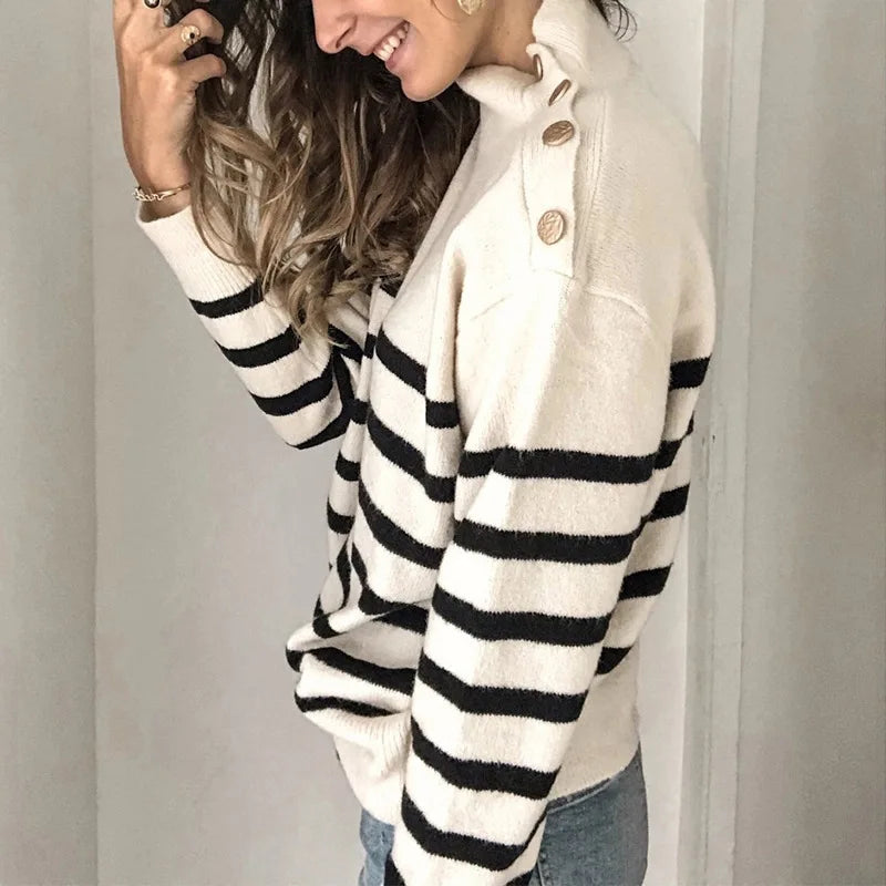 Pull Rayé Col Rouleau Femme – Pullover Tricot Grande Taille S au 6XL