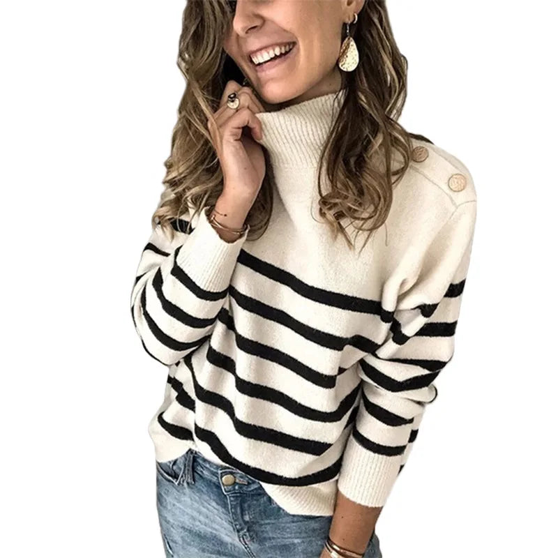Pull Rayé Col Rouleau Femme – Pullover Tricot Grande Taille S au 6XL