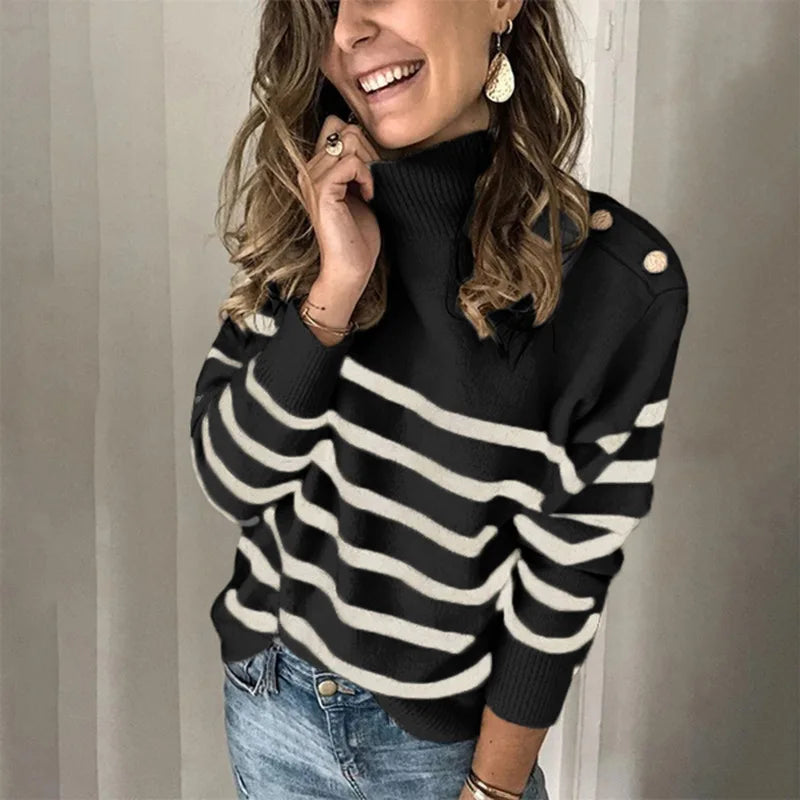 Pull Rayé Col Rouleau Femme – Pullover Tricot Grande Taille S au 6XL