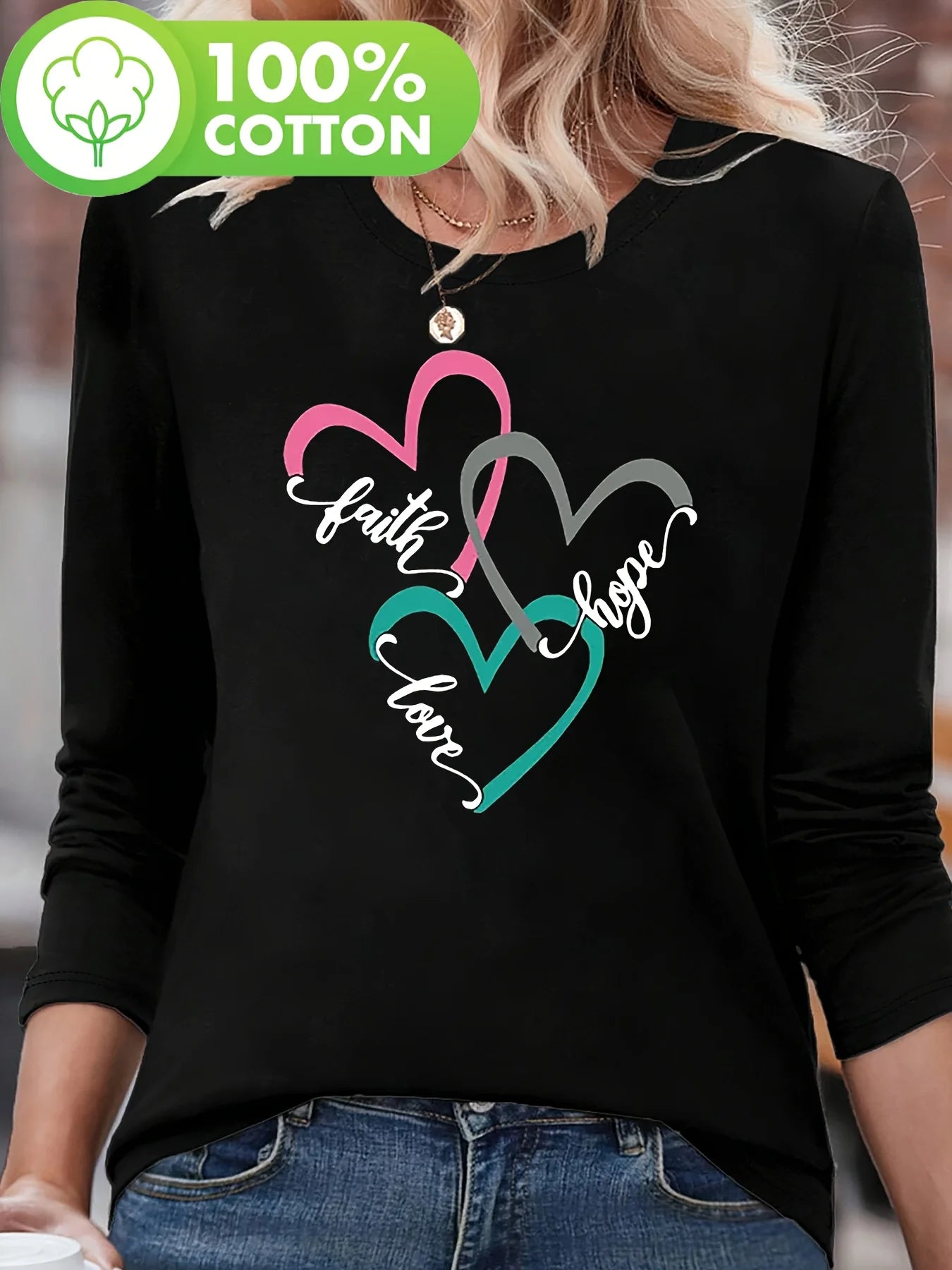 T-shirt Coton Imprimé Cœur Femme – Manches Longues