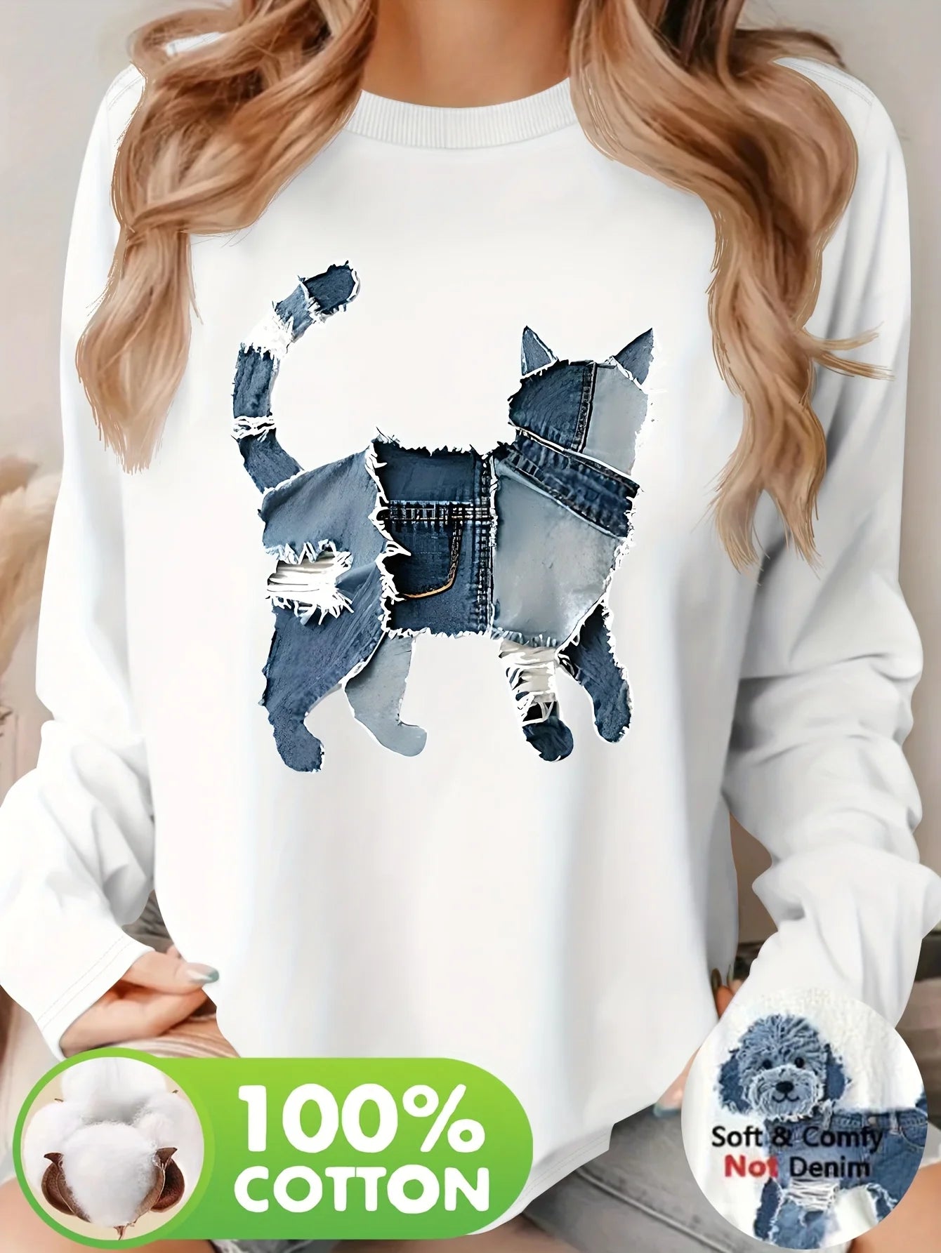 T-shirt Coton Imprimé Cœur Femme – Manches Longues