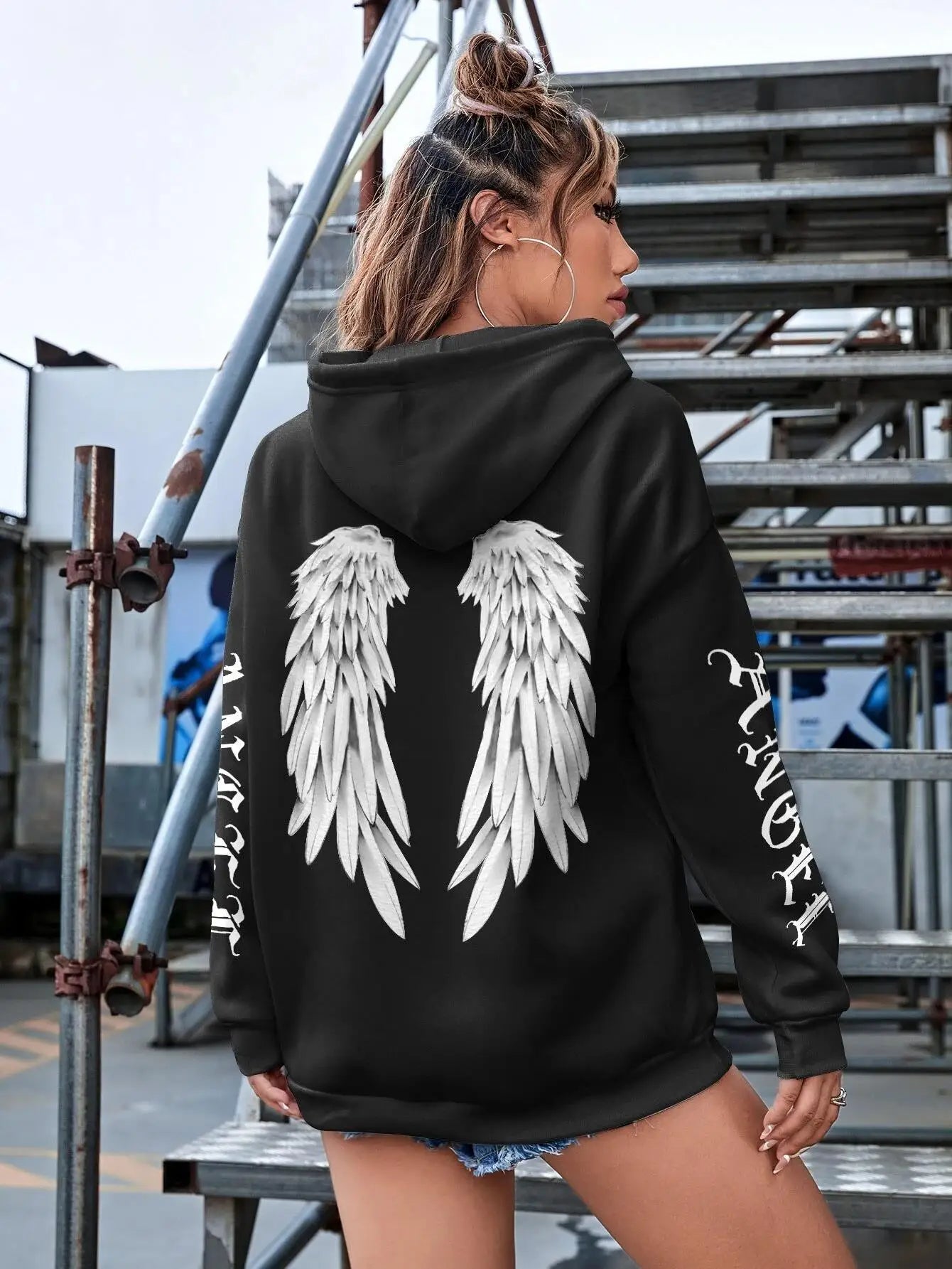Hoodie Femme Imprimé Ailes d'Ange – Sweat à Capuche Loose & Confortable