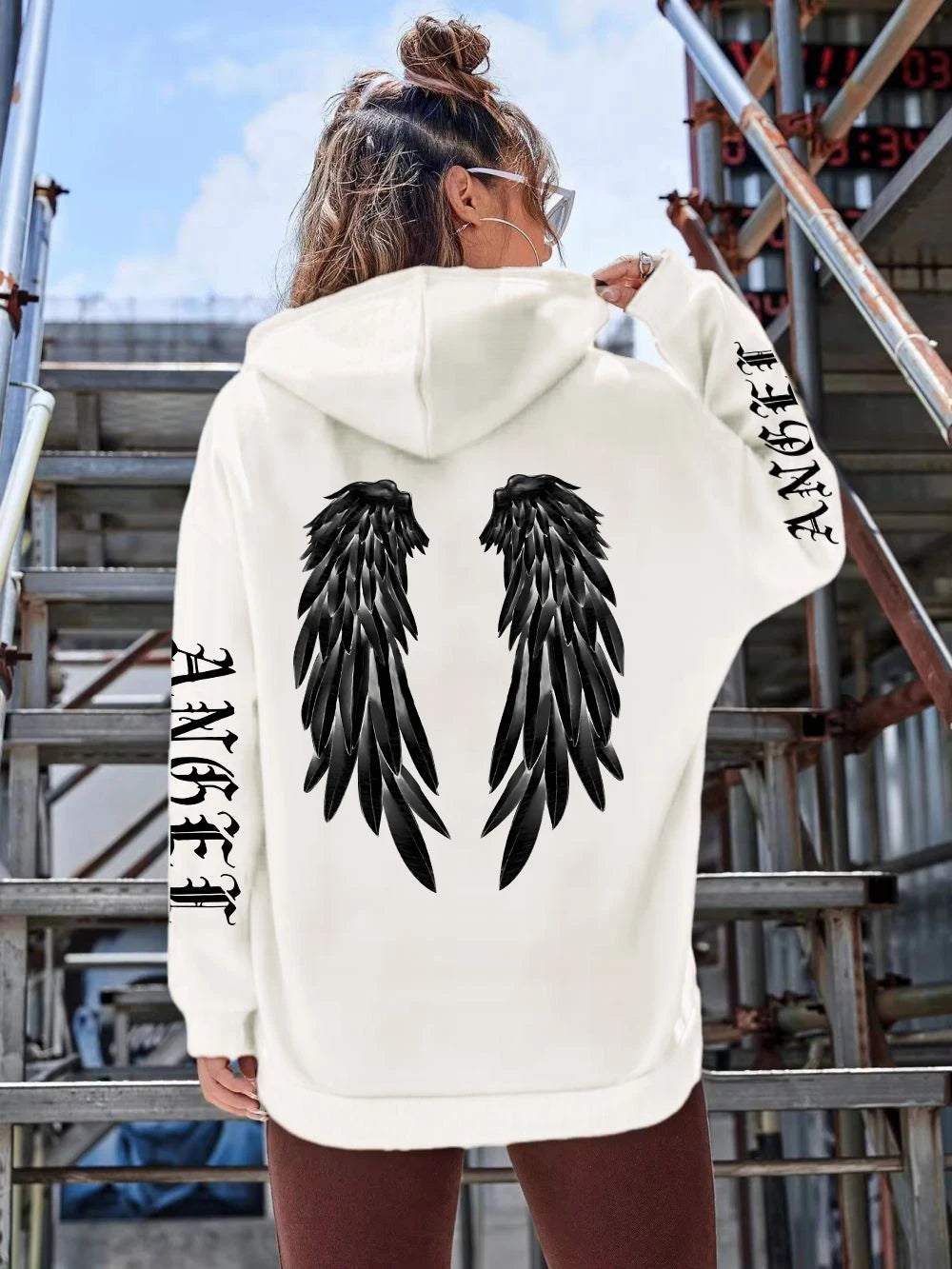 Hoodie Femme Imprimé Ailes d'Ange – Sweat à Capuche Loose & Confortable
