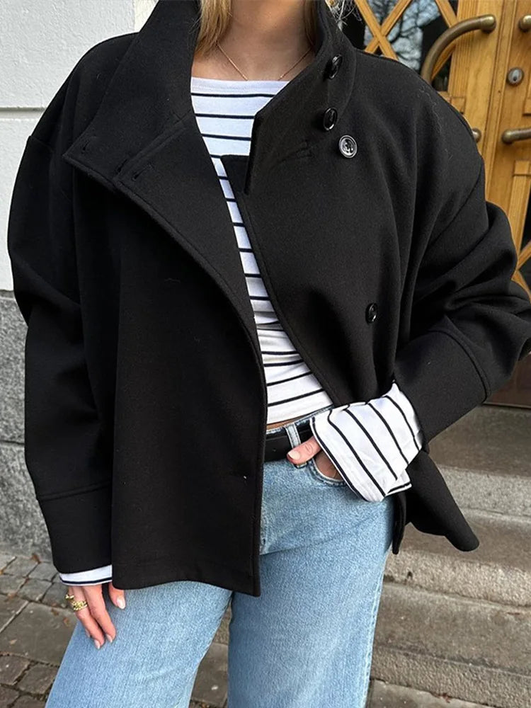 Manteau Court Femme – Col Revers, Manches Longues, Coupe Loose