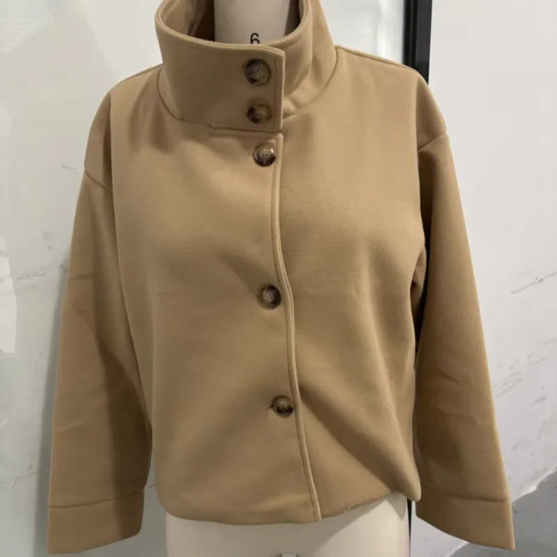 Manteau Court Femme – Col Revers, Manches Longues, Coupe Loose
