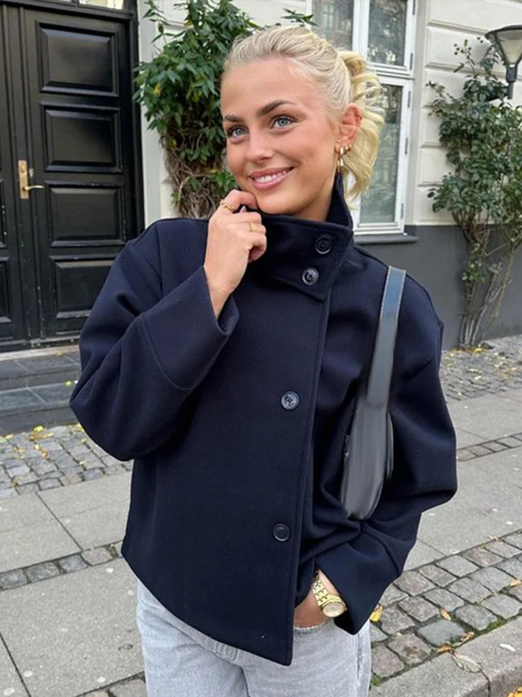 Manteau Court Femme – Col Revers, Manches Longues, Coupe Loose