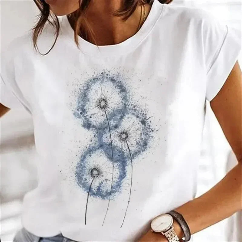 T-shirt Femme Imprimé Pissenlit – Manches Courtes, Style Aquarelle