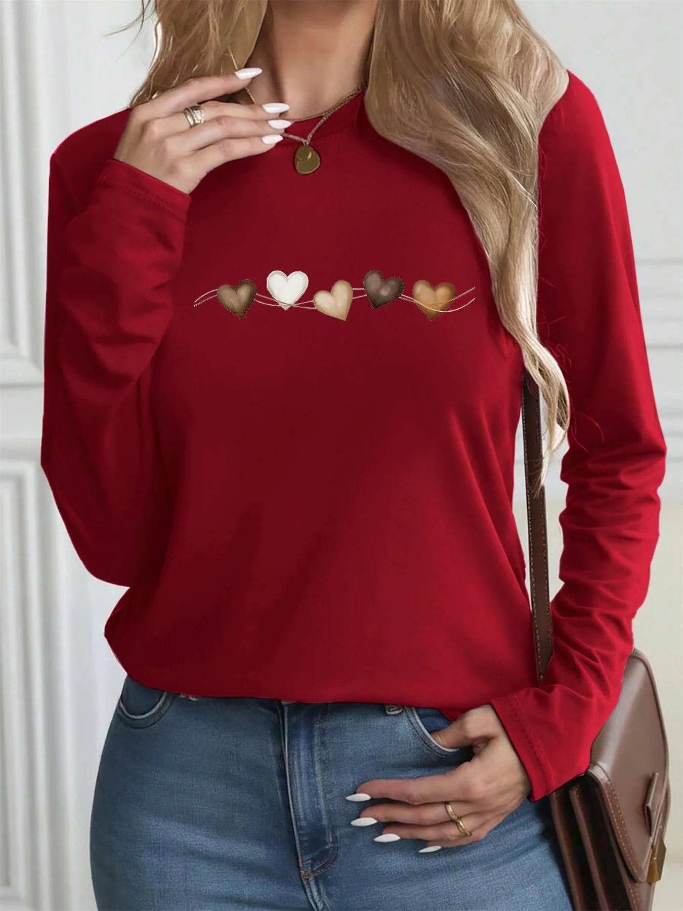 T-shirt Coton Imprimé Cœur Femme – Manches Longues