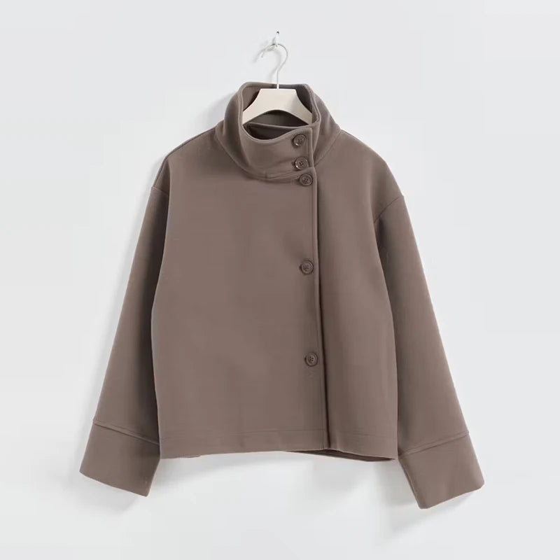 Manteau Court Femme – Col Revers, Manches Longues, Coupe Loose
