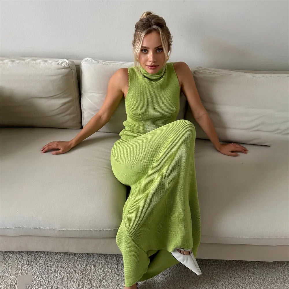 Ensemble Femme Jupe Longue Tricotée & Top Col Roulé Sans Manches – Style Élégant Slim
