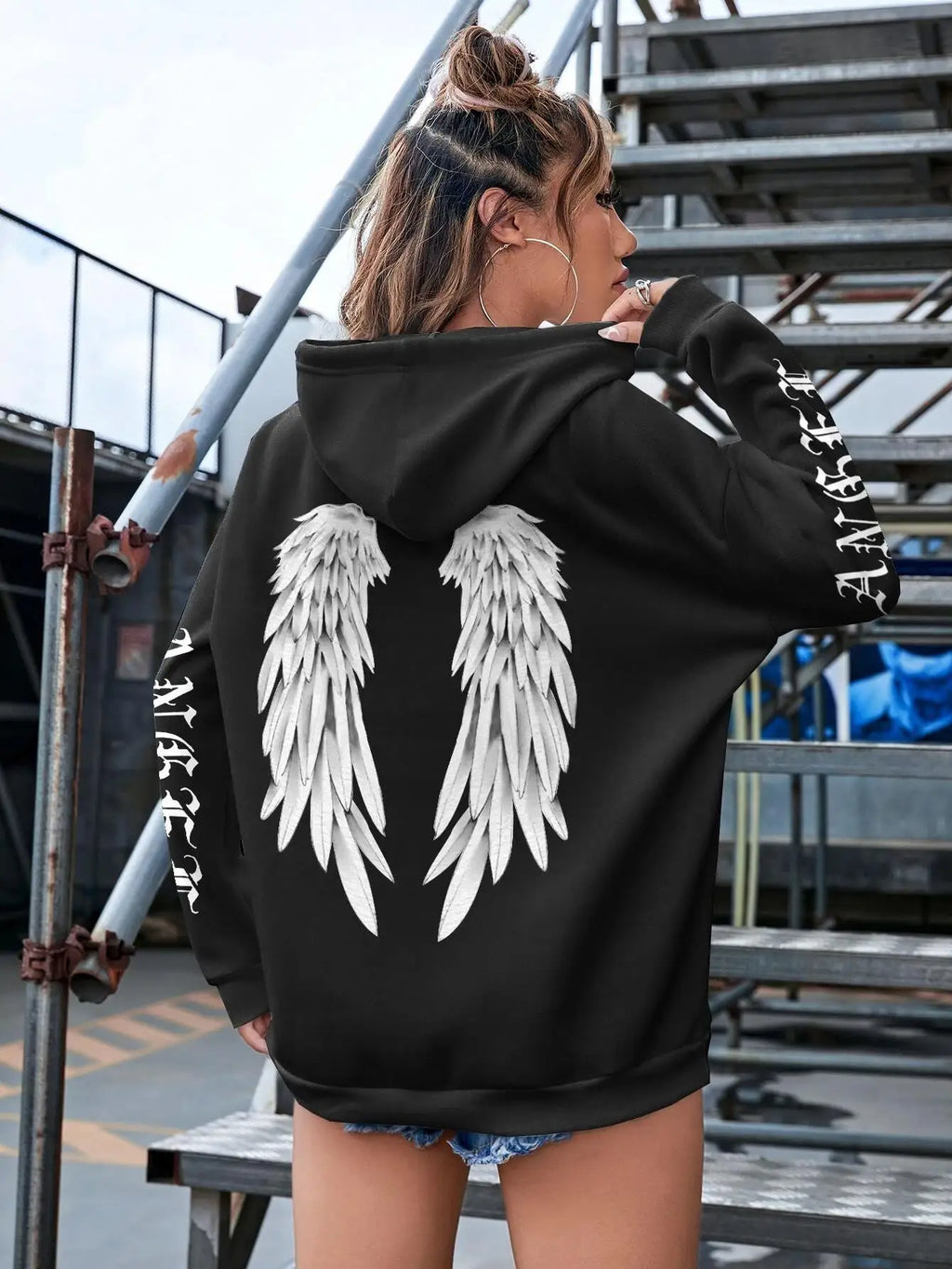Hoodie Femme Imprimé Ailes d'Ange – Sweat à Capuche Loose & Confortable
