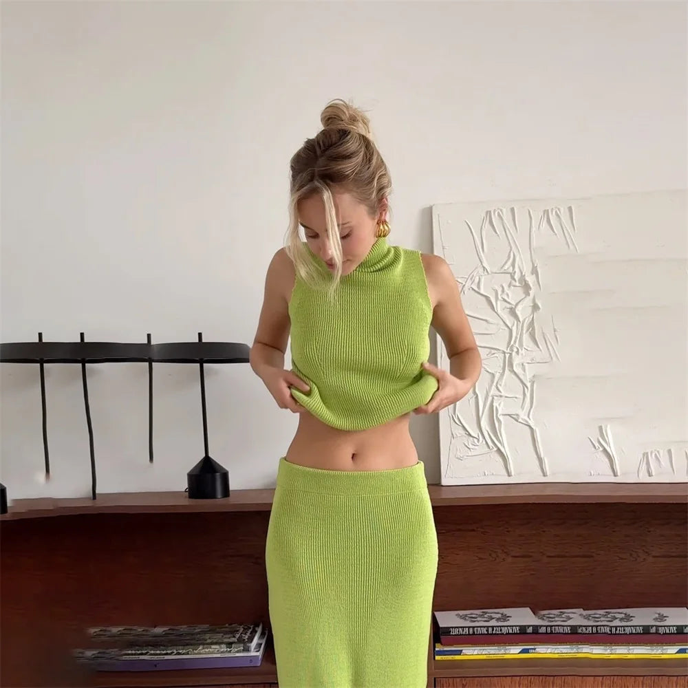 Ensemble Femme Jupe Longue Tricotée & Top Col Roulé Sans Manches – Style Élégant Slim