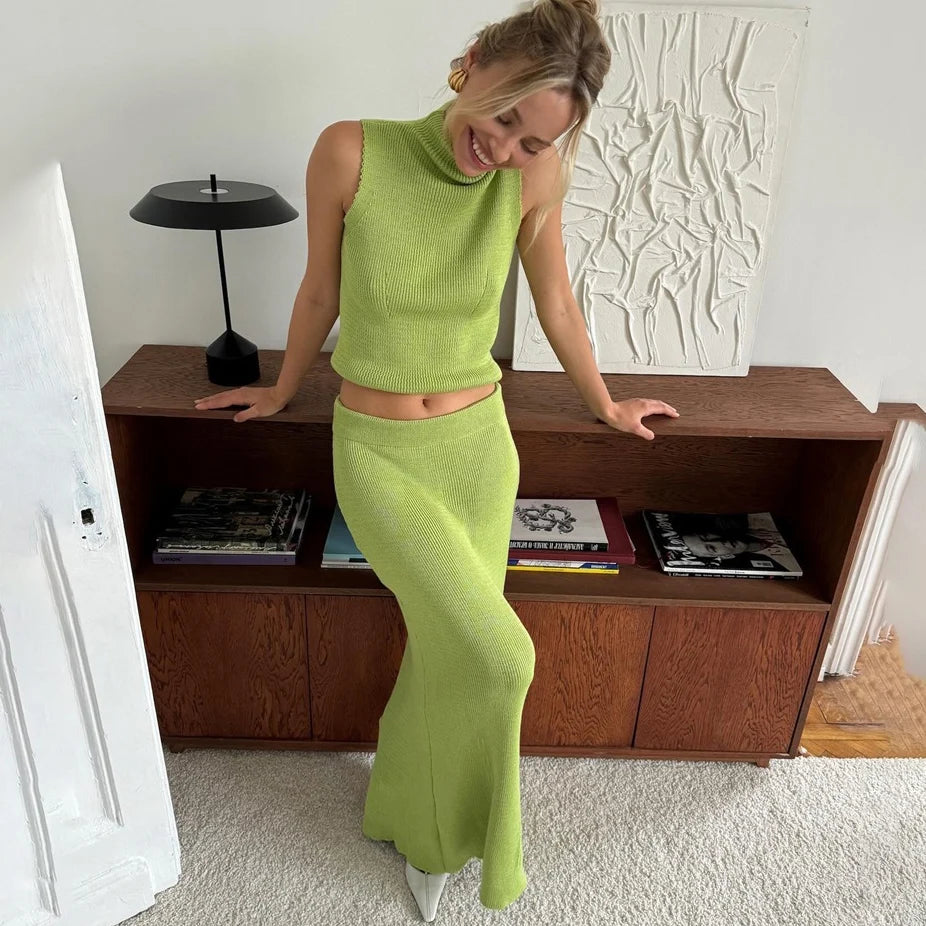 Ensemble Femme Jupe Longue Tricotée & Top Col Roulé Sans Manches – Style Élégant Slim