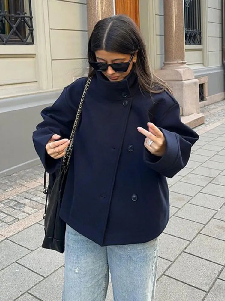 Manteau Court Femme – Col Revers, Manches Longues, Coupe Loose