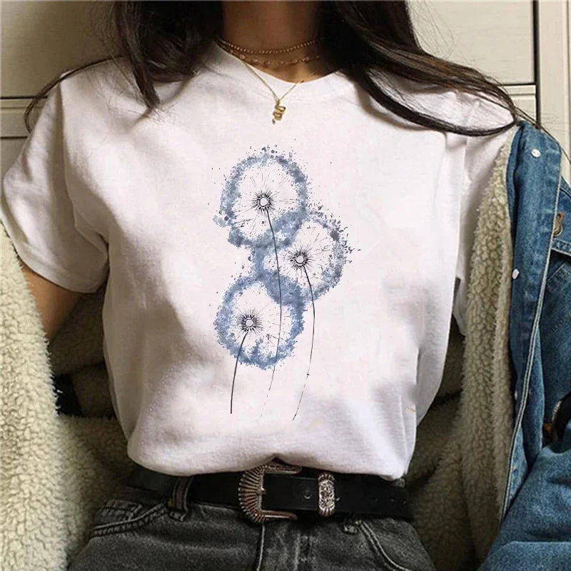 T-shirt Femme Imprimé Pissenlit – Manches Courtes, Style Aquarelle
