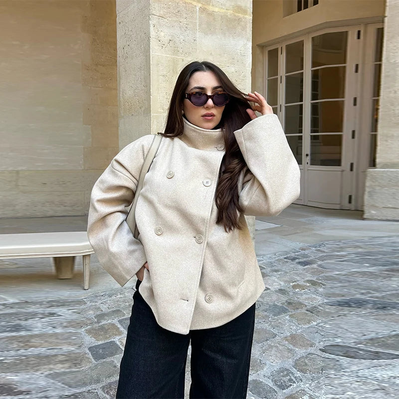 Manteau Court Femme – Col Revers, Manches Longues, Coupe Loose