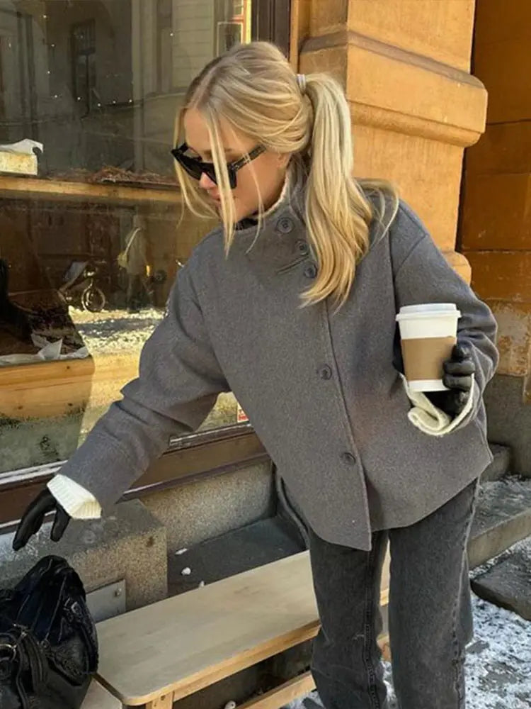 Manteau Court Femme – Col Revers, Manches Longues, Coupe Loose