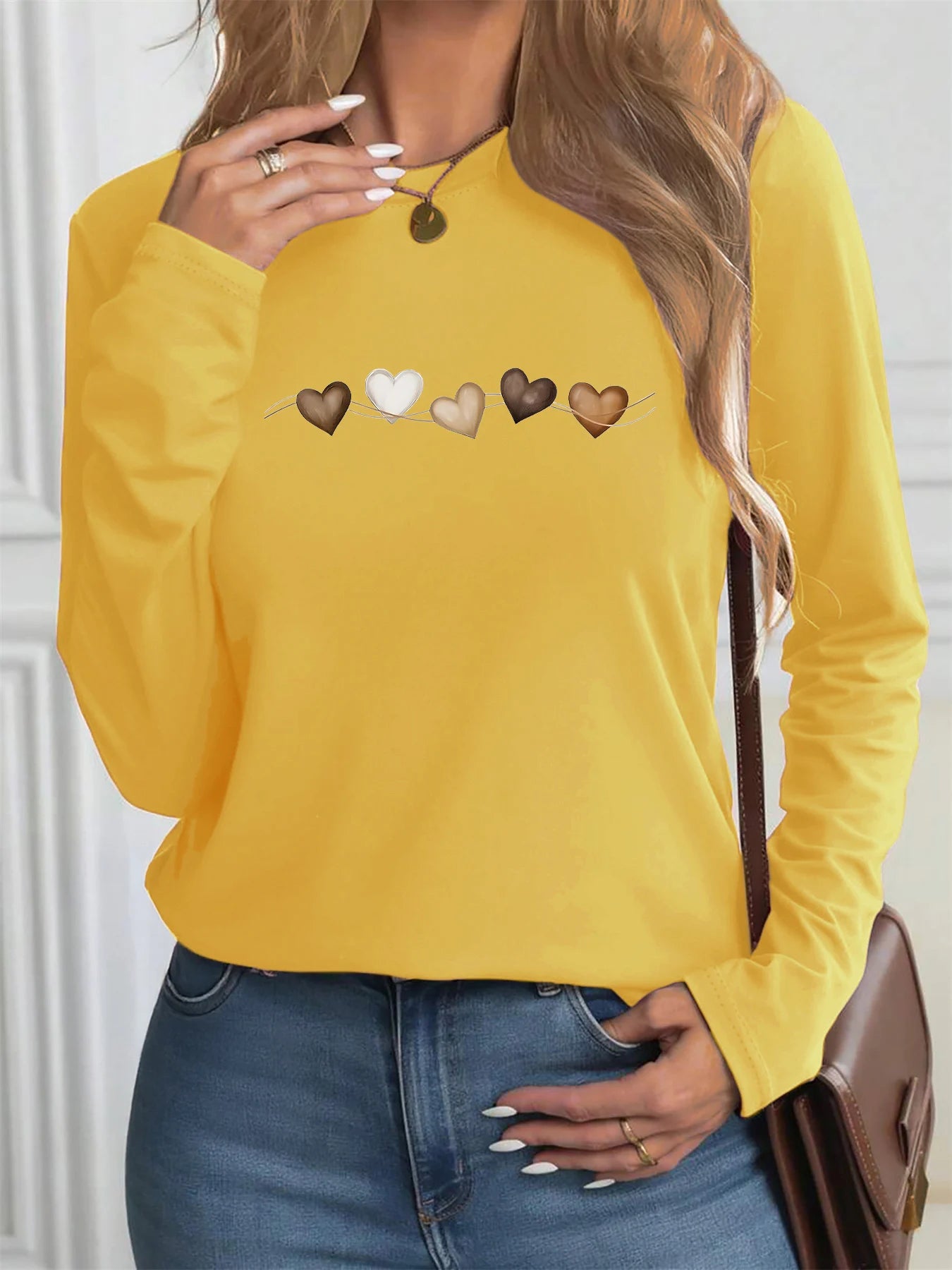 T-shirt Coton Imprimé Cœur Femme – Manches Longues