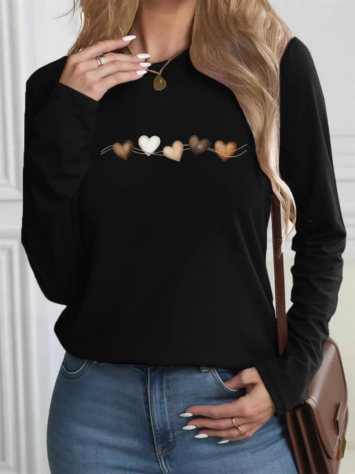T-shirt Coton Imprimé Cœur Femme – Manches Longues
