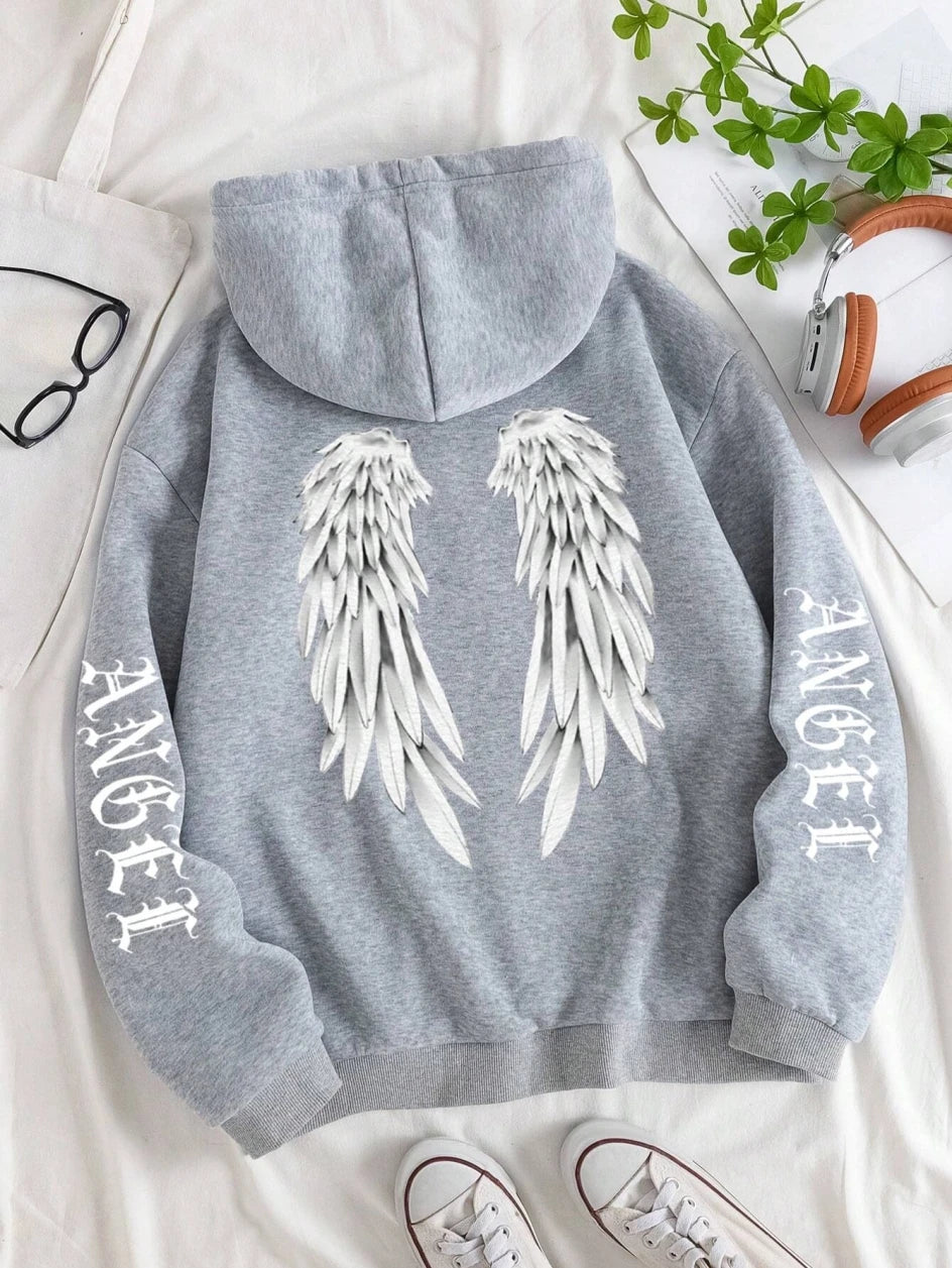 Hoodie Femme Imprimé Ailes d'Ange – Sweat à Capuche Loose & Confortable