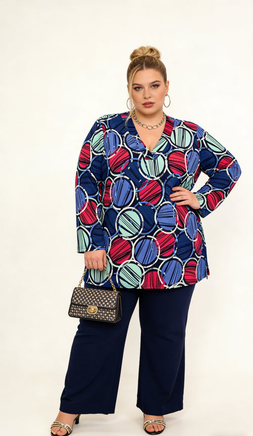 Blouse Cercles Colorés Col V - Manches Longues