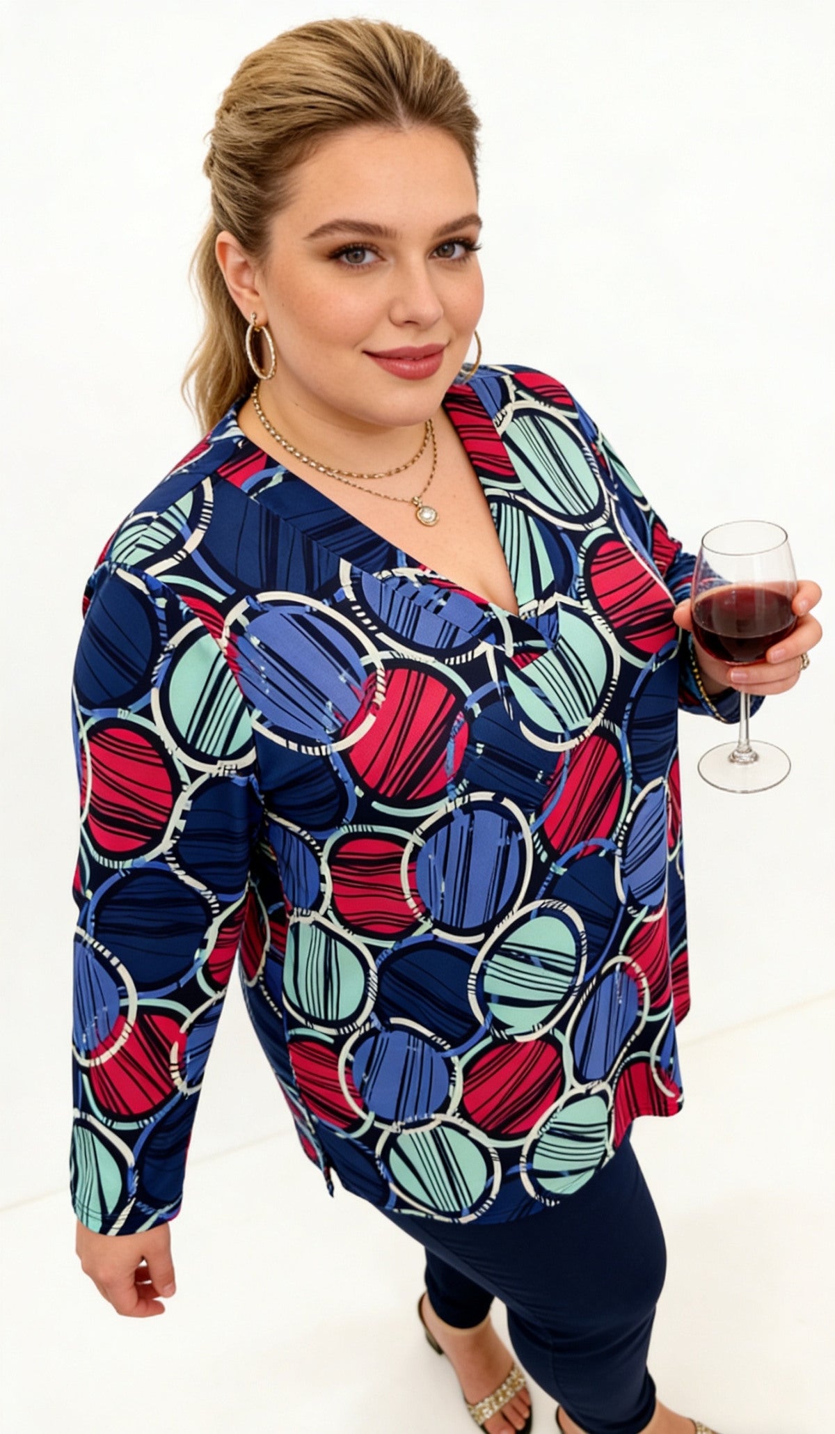 Blouse Cercles Colorés Col V - Manches Longues