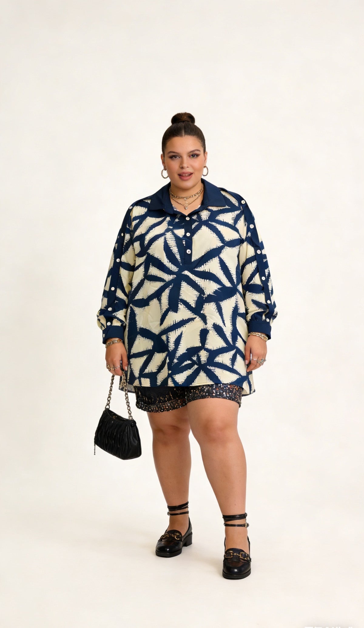 Blouse Imprimé Géométrique Bleu Marine - Col Chemise