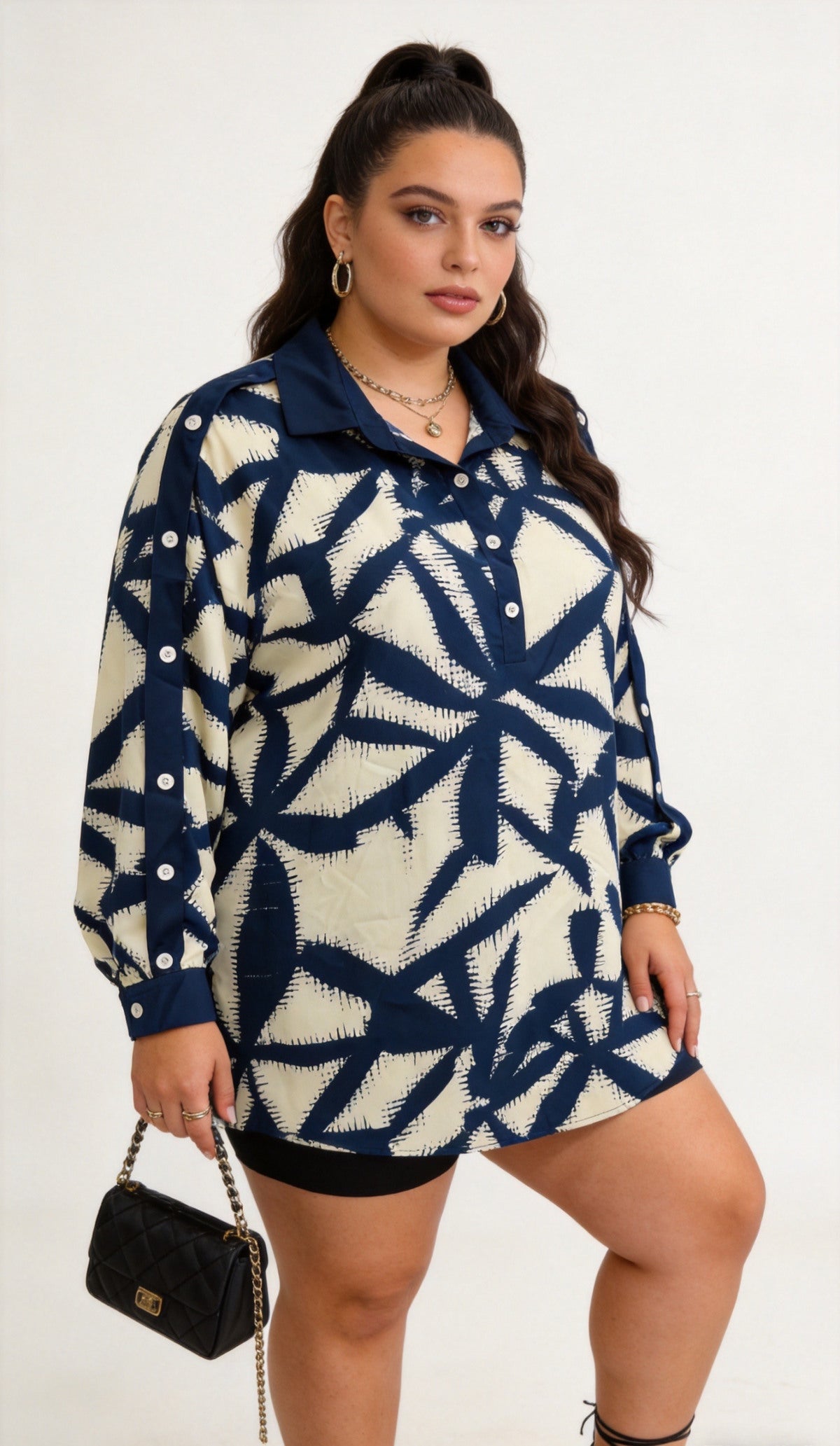 Blouse Imprimé Géométrique Bleu Marine - Col Chemise