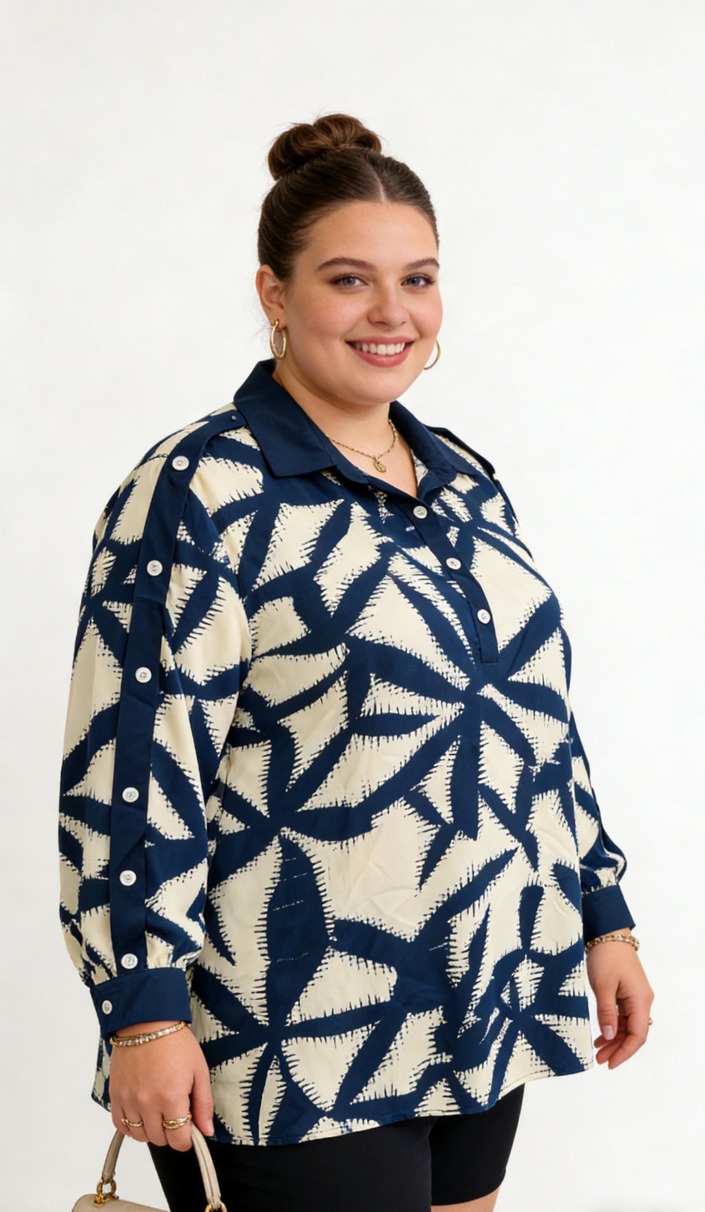 Blouse Imprimé Géométrique Bleu Marine - Col Chemise