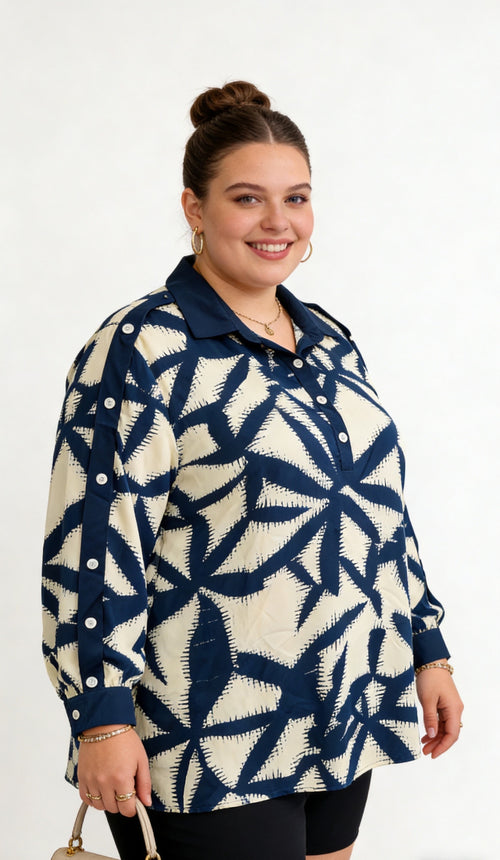Blouse Imprimé Géométrique Bleu Marine - Col Chemise