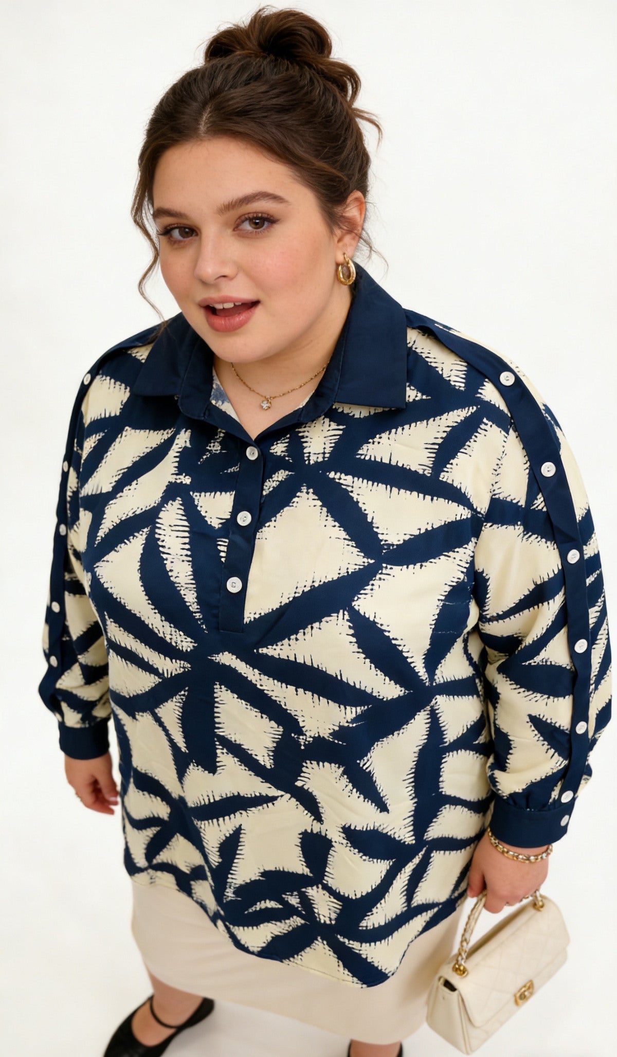 Blouse Imprimé Géométrique Bleu Marine - Col Chemise