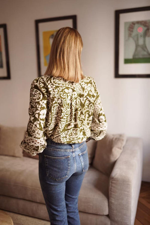 Blouse Imprimée Bohème Chic Kaki