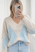 Pull Col V Motif Losanges Lumineux Femme - Doux & Confortable
