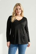 Pull Grande Taille Noir Col V Détails Dorés