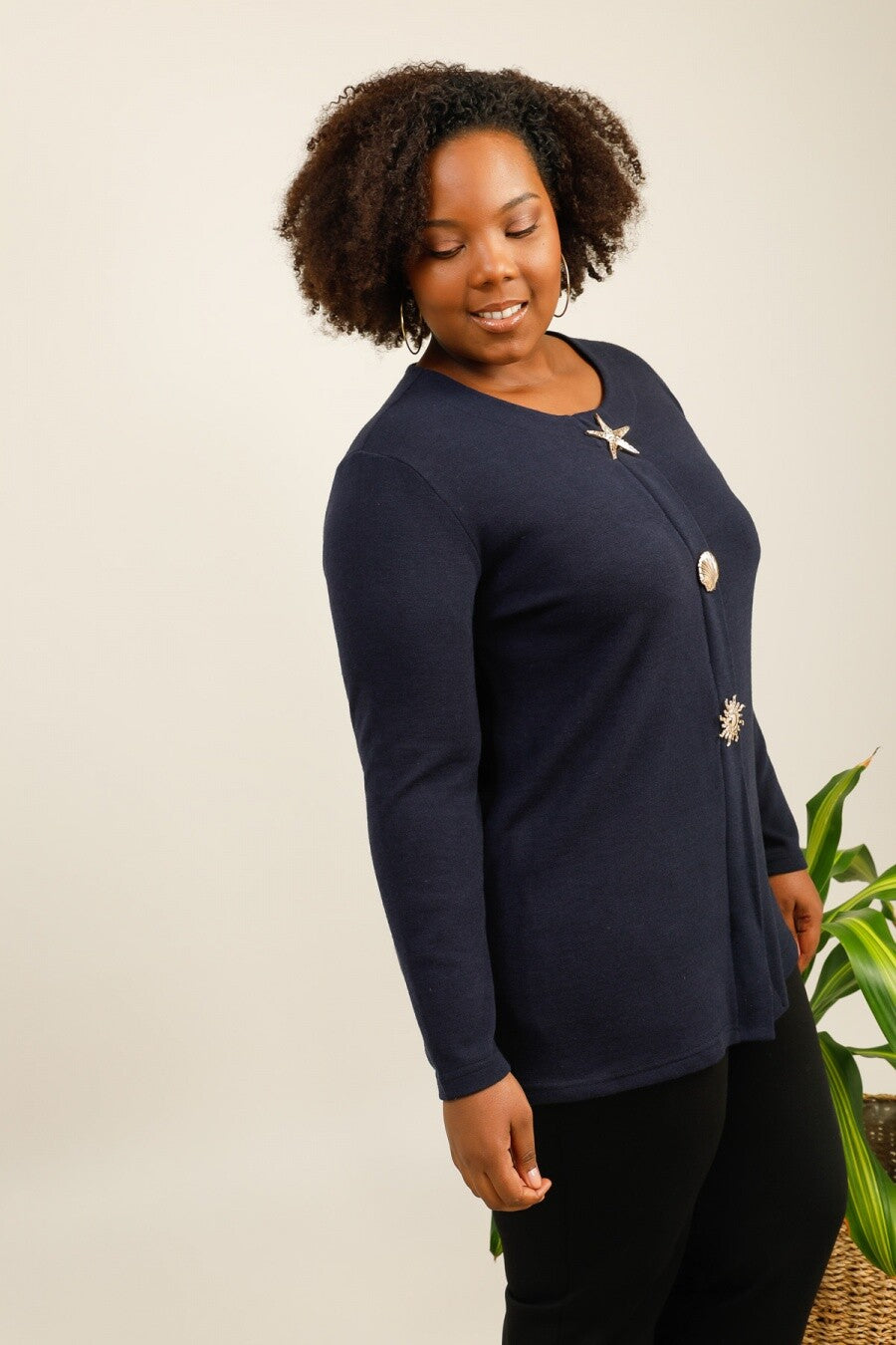 Pull Grande Taille Marine Broches Décoratives