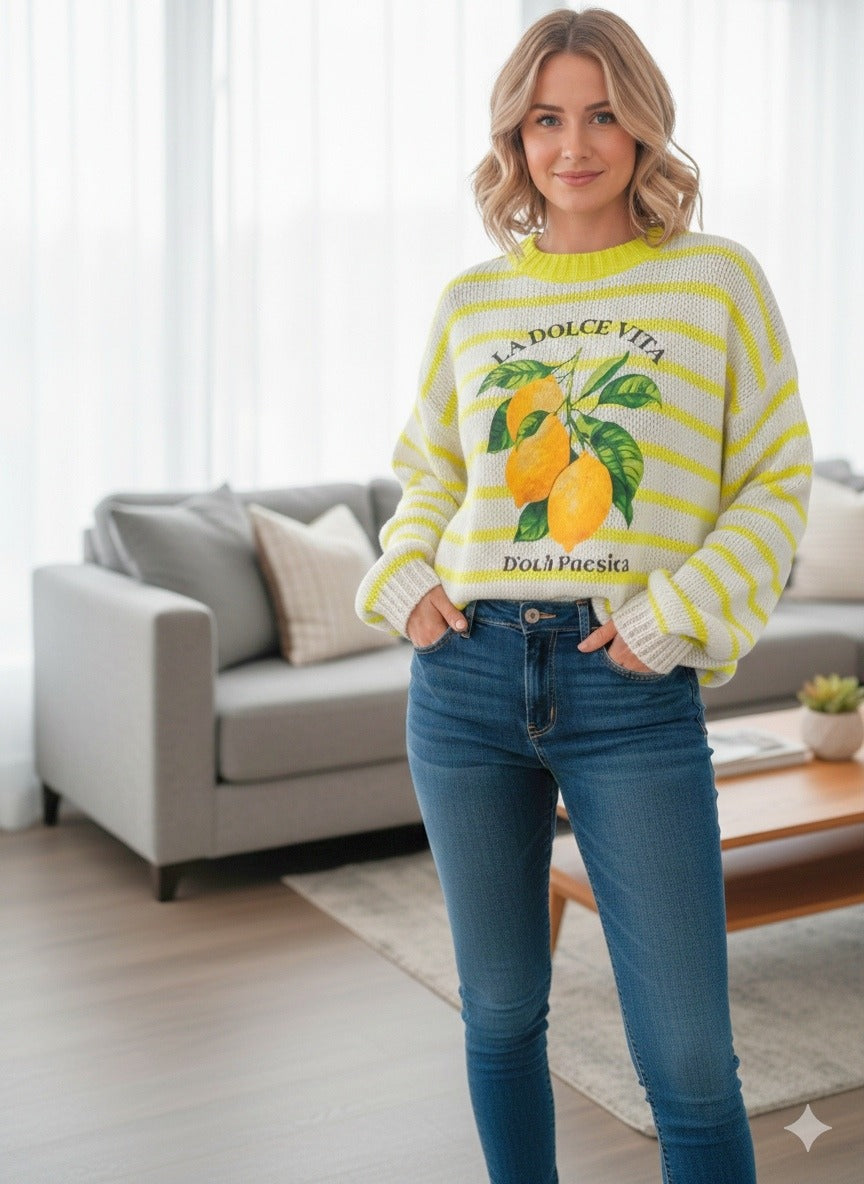 Pull rayé à motifs fruits