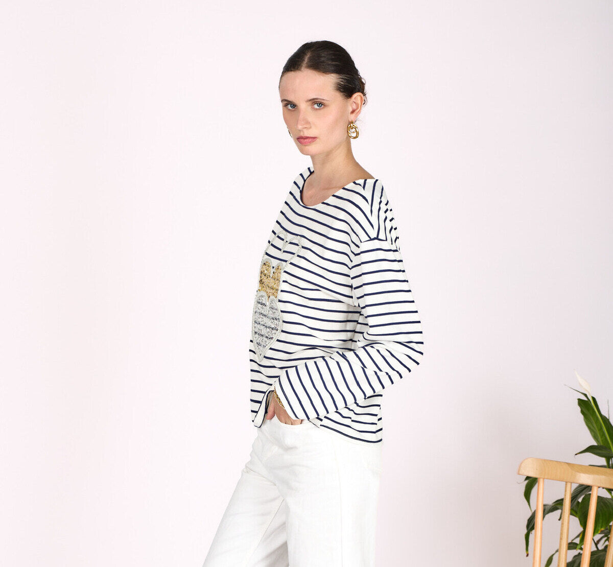 T-Shirt Manches Longues avec Broderie Cœurs