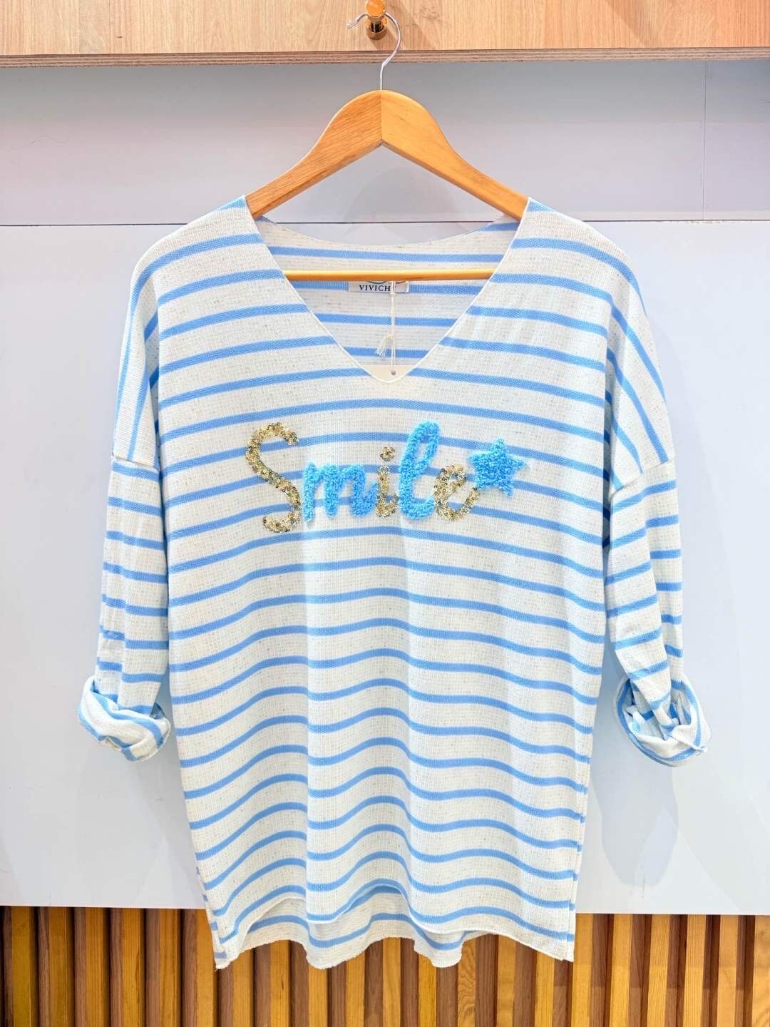 T-Shirt Rayures avec Fibre de Lin Brodé Smile