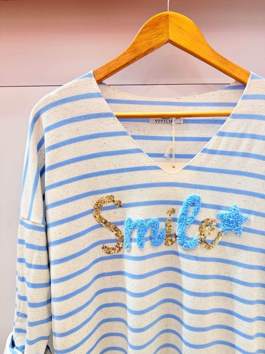 T-Shirt Rayures avec Fibre de Lin Brodé Smile