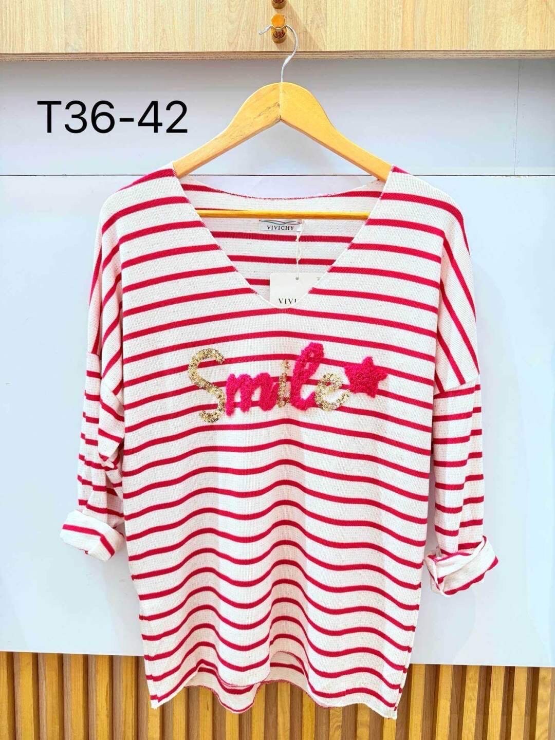 T-Shirt Rayures avec Fibre de Lin Brodé Smile