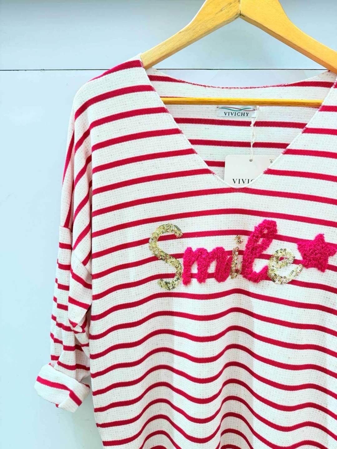 T-Shirt Rayures avec Fibre de Lin Brodé Smile