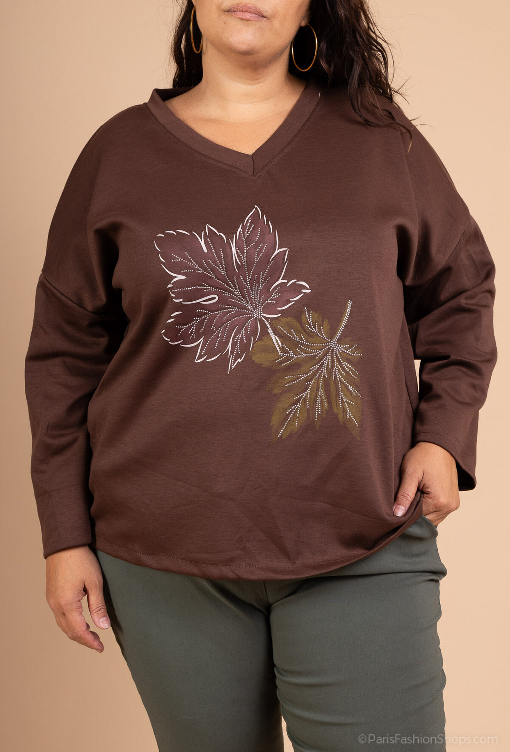 Top Feuilles d'Automne - Col V Strass Dorés