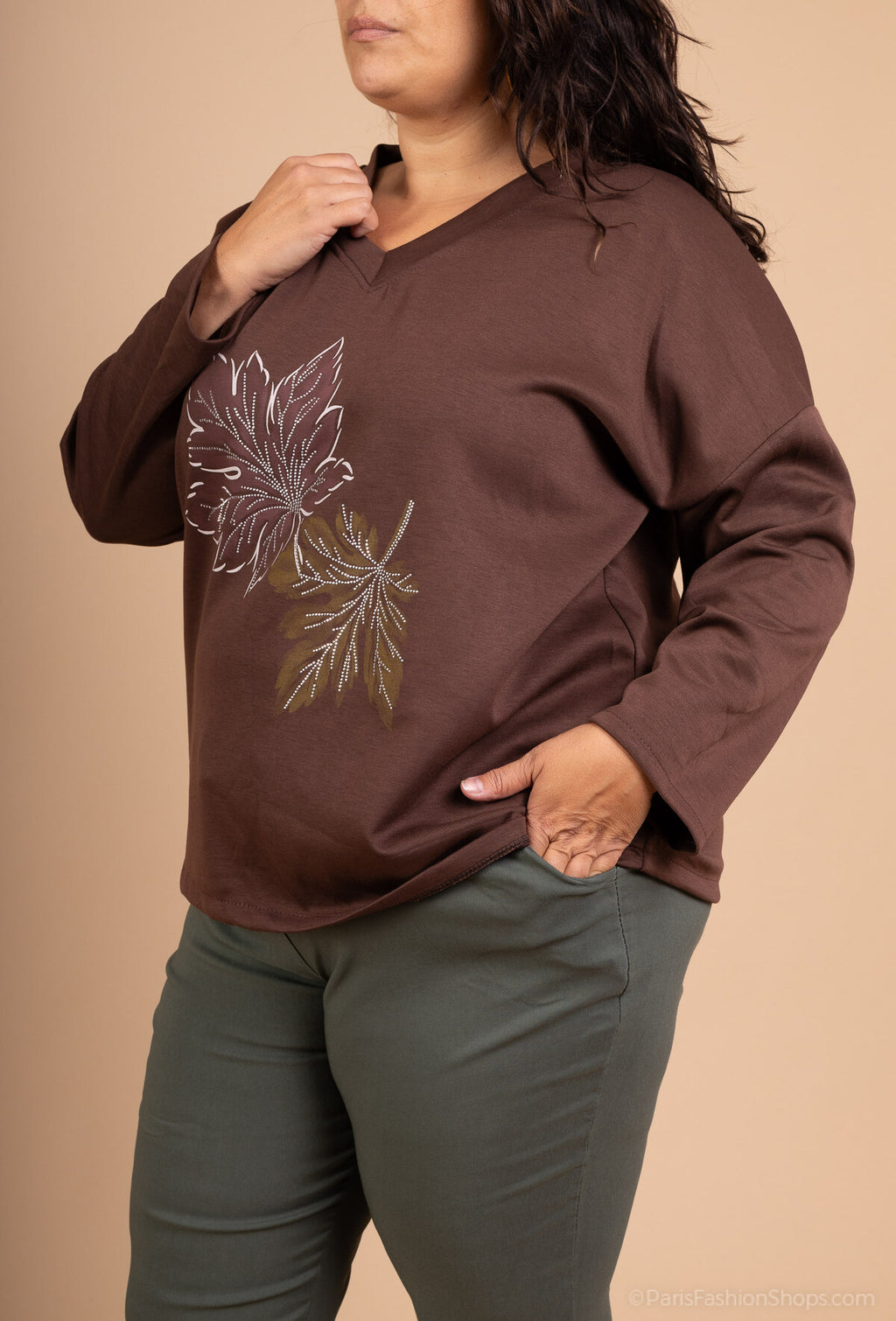 Top Feuilles d'Automne - Col V Strass Dorés