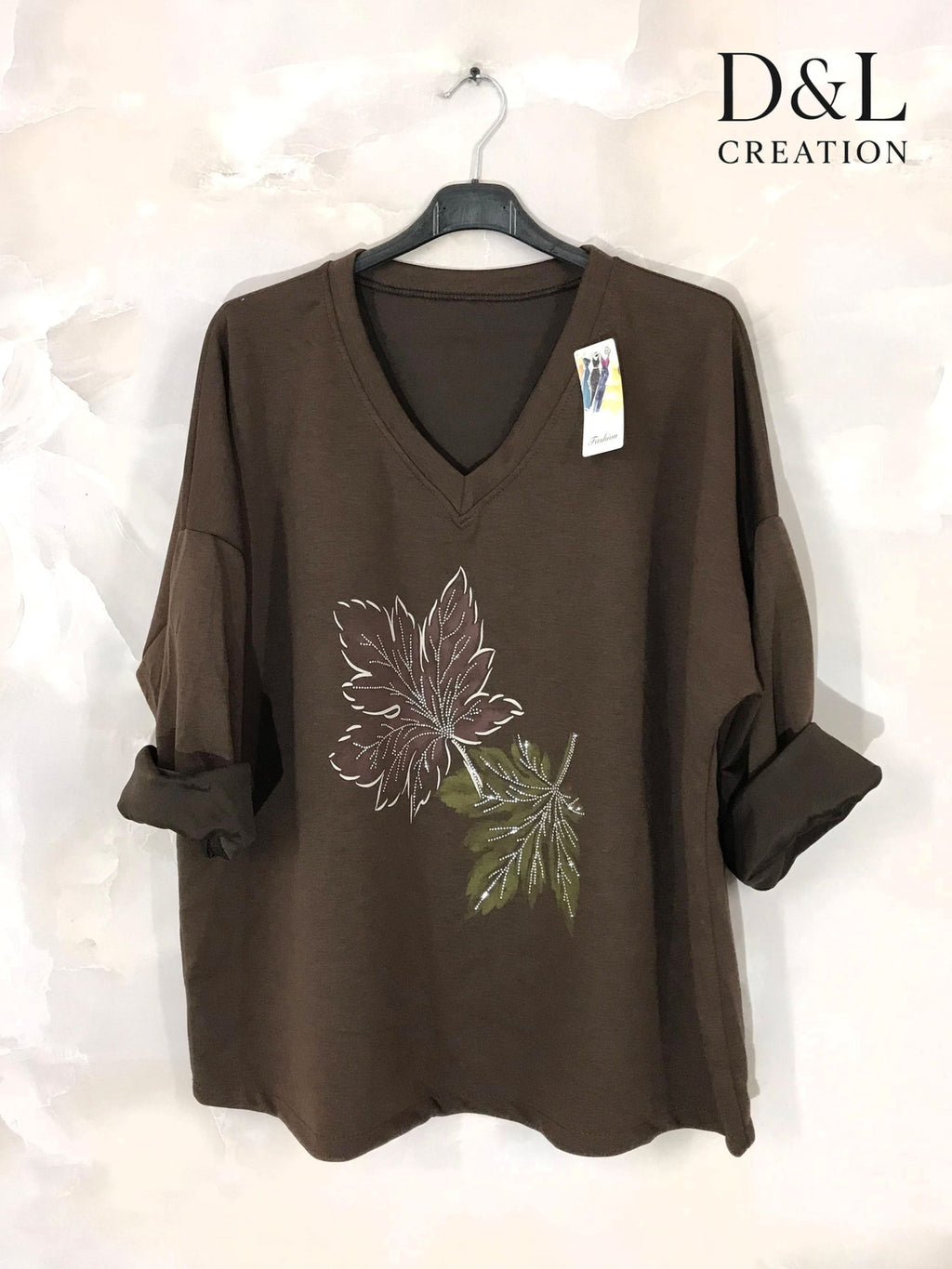 Top Feuilles d'Automne - Col V Strass Dorés