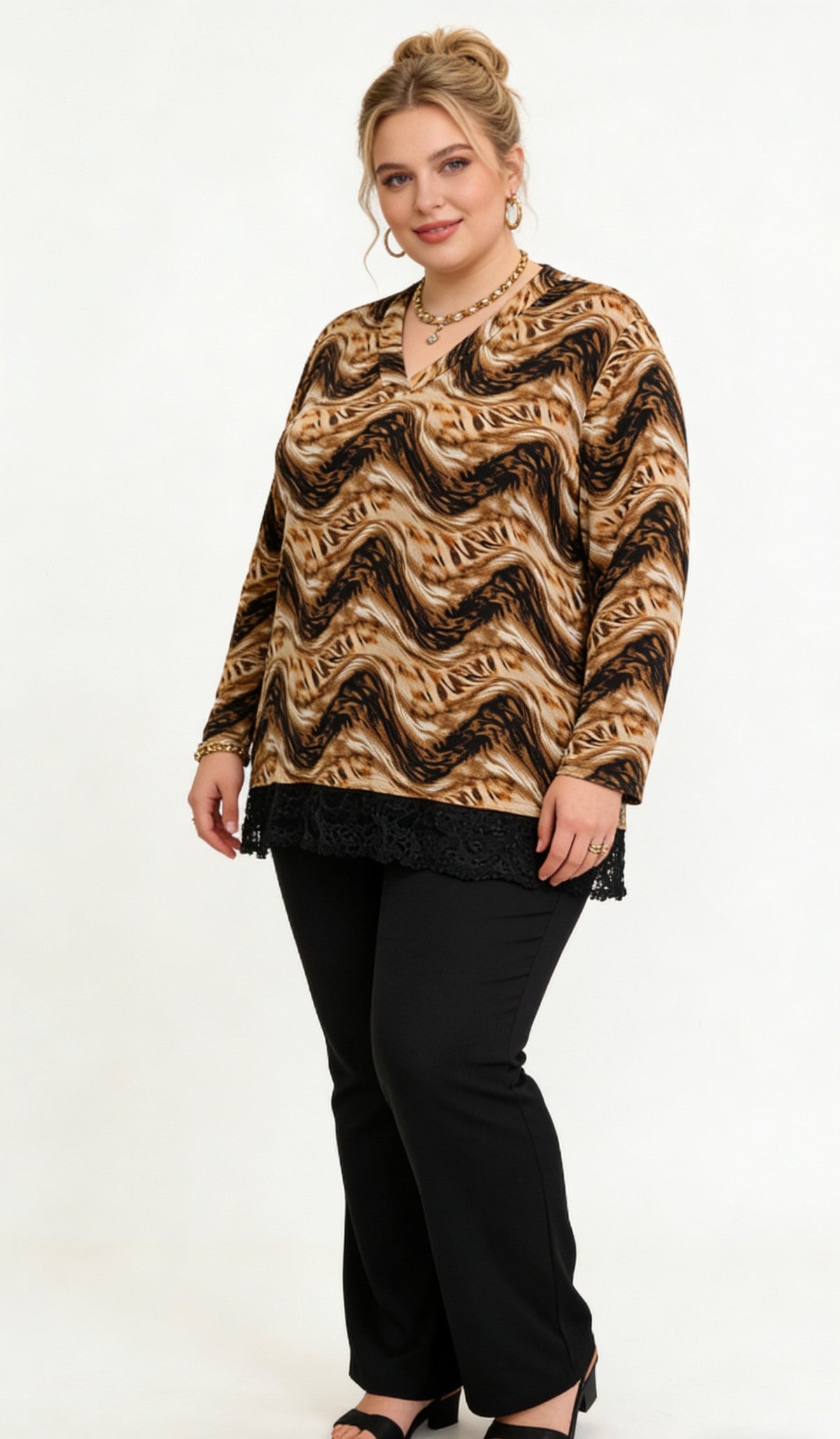 Tunique Imprimé Marbré Col V - Dentelle Noire