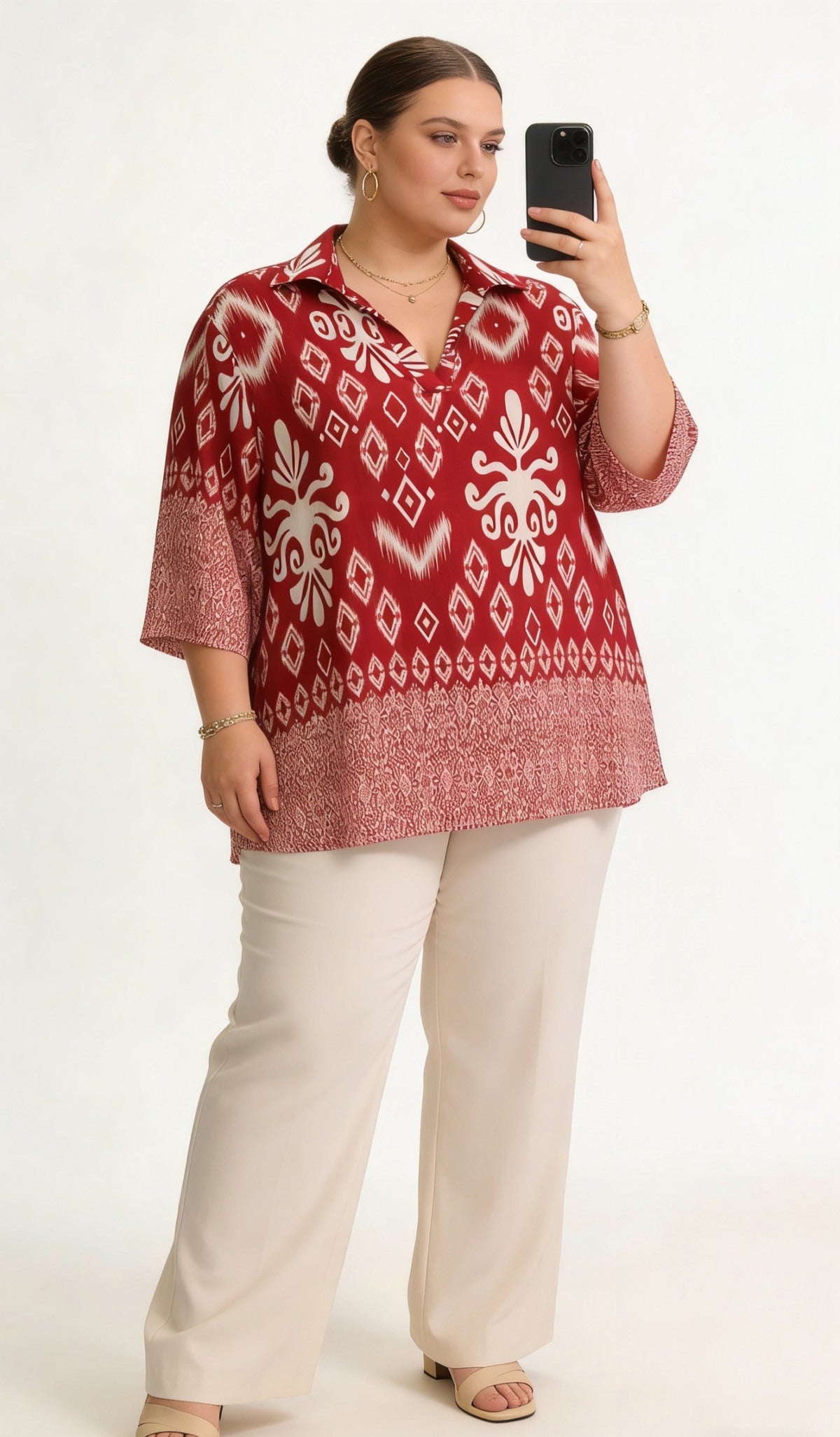 Tunique Ikat Rouge Col Chemise - Manches 3/4