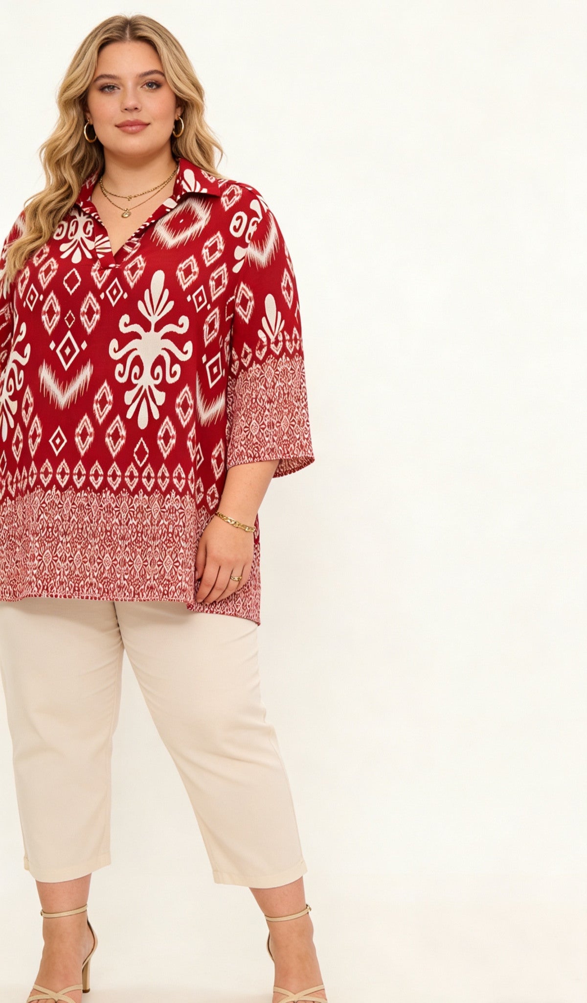 Tunique Ikat Rouge Col Chemise - Manches 3/4