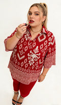 Tunique Ikat Rouge Col Chemise - Manches 3/4