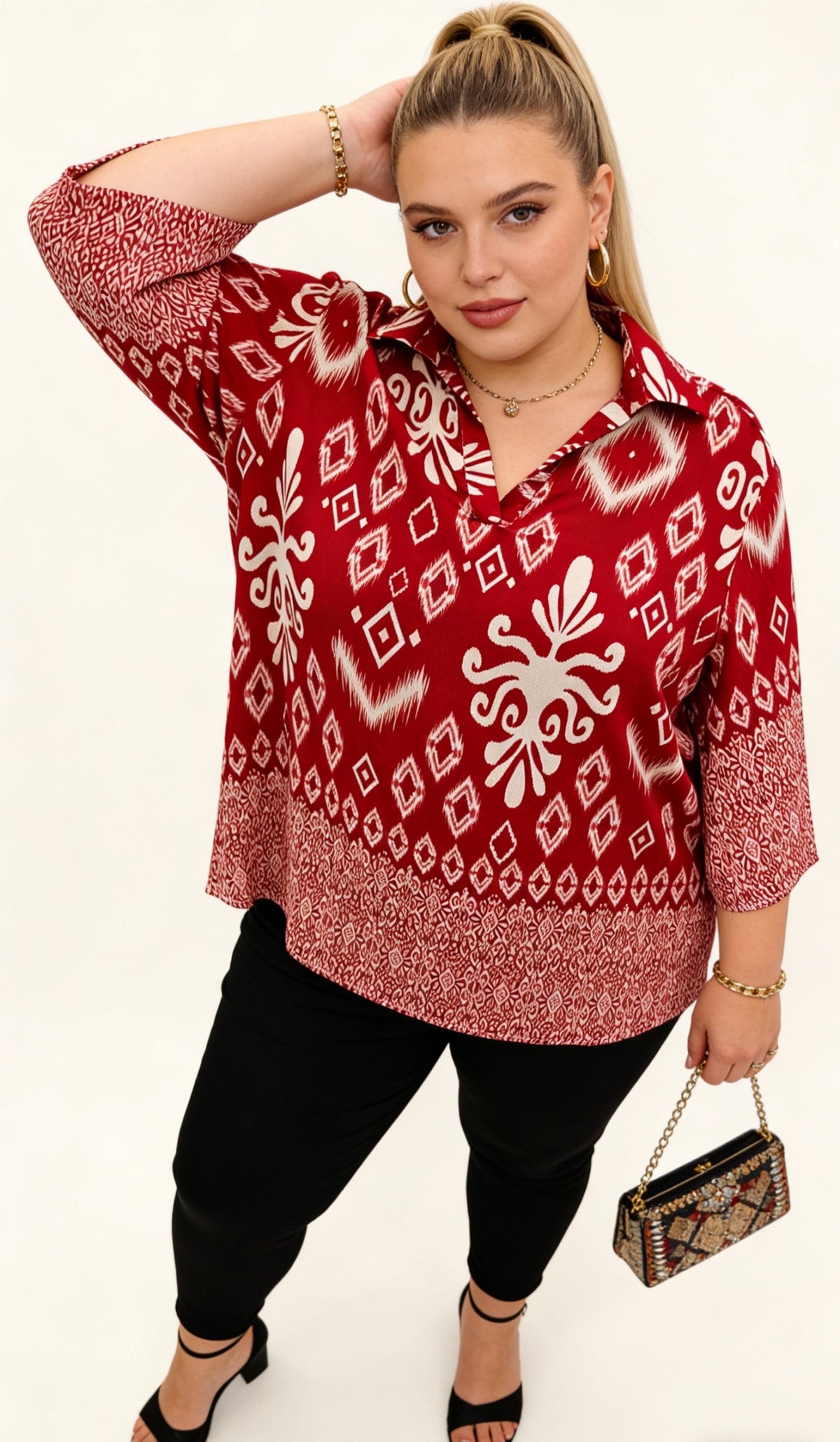 Tunique Ikat Rouge Col Chemise - Manches 3/4