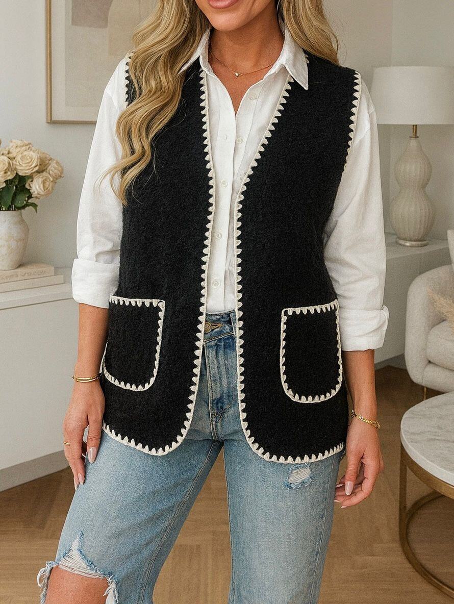 Gilet Sans Manches Broderie Contrastante - Style Boho Chic